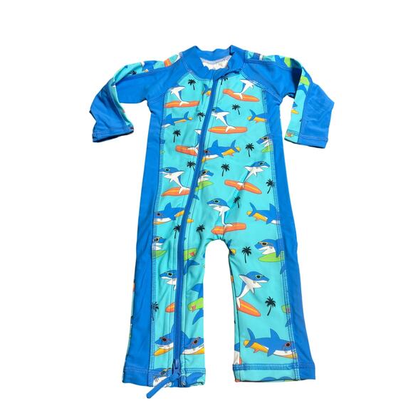 Caden Lane Long Sleeve Rash Guard Full Length in Blue “Surfin Sharks” 0-3mos NWT - Picture 2 of 8